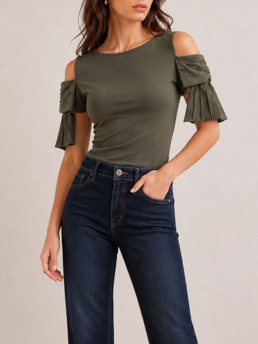 NWT Anne Fontaine Myrttle Jersey Cotton Cold Shoulder Top -Olive Green. Size 40